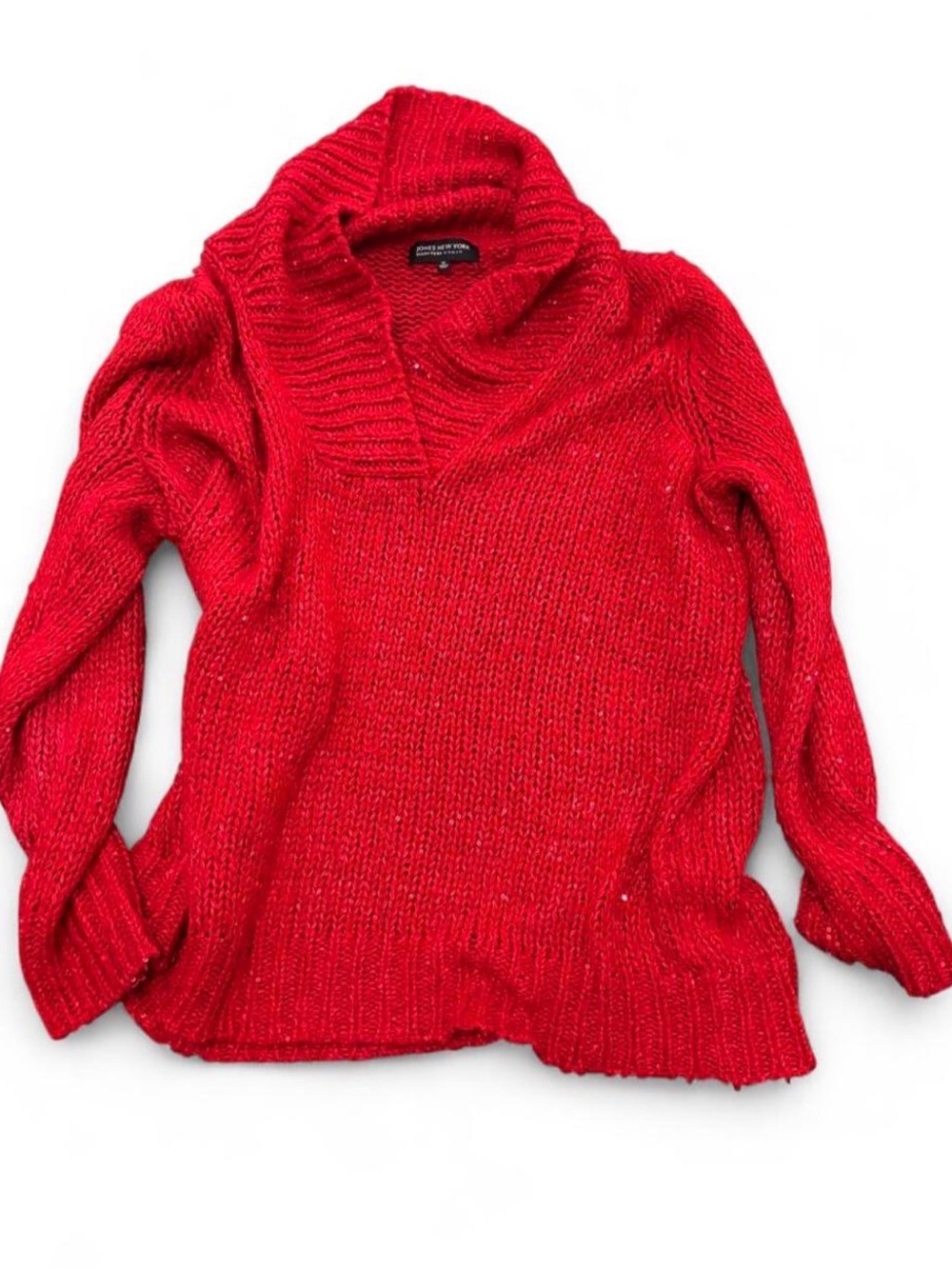 Jones New York 1X Red Sequin Chunky Knit Cowl Neck Sweater